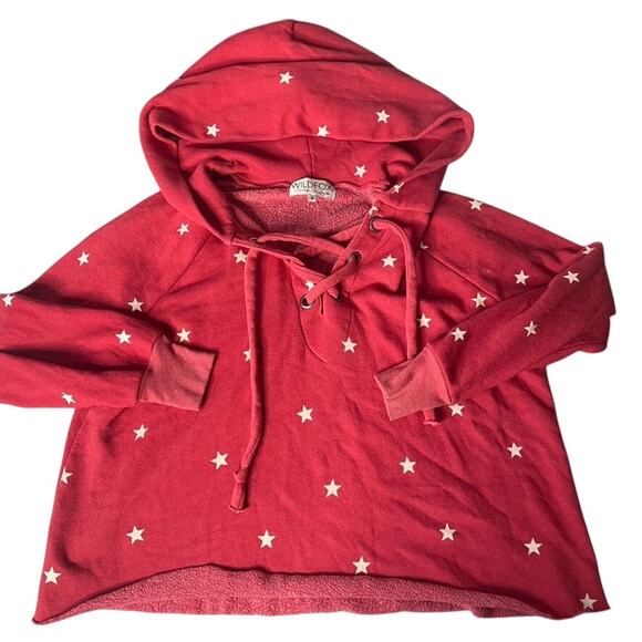 WILDFOX Small Red Star Pullover Sweatshirt Cropped Hoody Lace Up Sweater 4th - Picture 2 of 5
